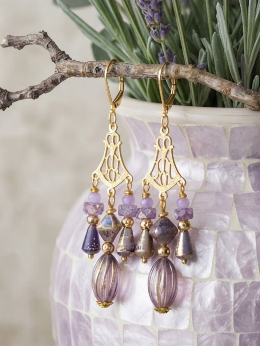 Victorian Opaline Purple W/ Crystal Flowers In 3 Strands Long GP Earrings